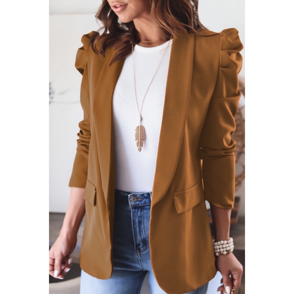 Brown Open Front Puff Sleeves Blazer